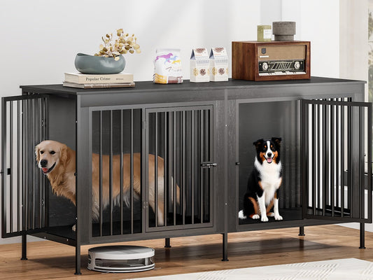 78 Inch Dog Cage Furniture for 2 Large/Medium Dogs with Removable Divider, Extra Large Double Doors Dog Kennel, XXL Thick Wooden Dog cage Furniture, Durable and Sturdy, Dark Grey
