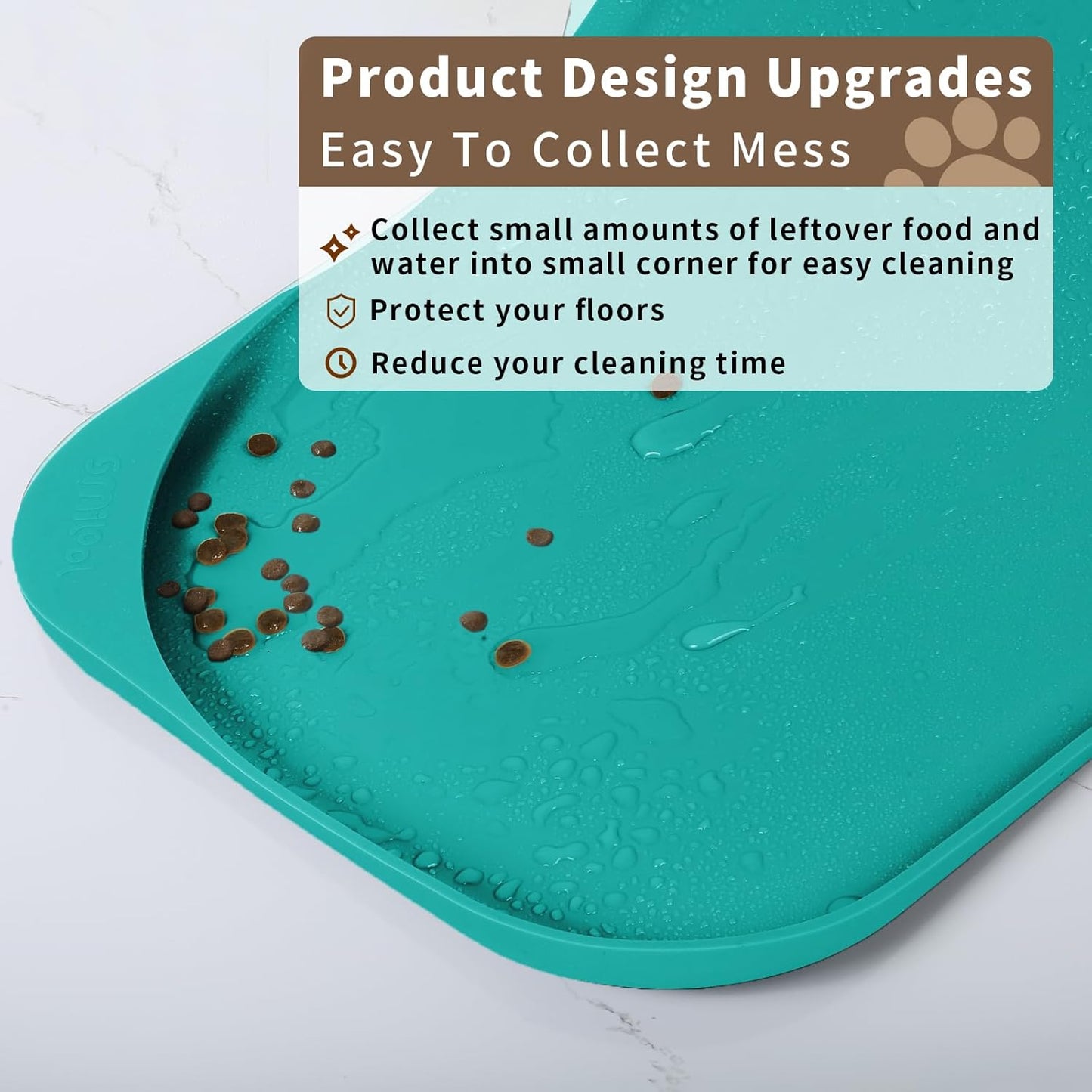 Silicone Pet Feeding Mat with Raised Edge & Residue Collection Pocket for Food and Water, Dog Bowl Mats, Cat Bowls Placemat with High Lip for Floor Waterproof, 24 x 16 x 0.8 Dark Turquoise