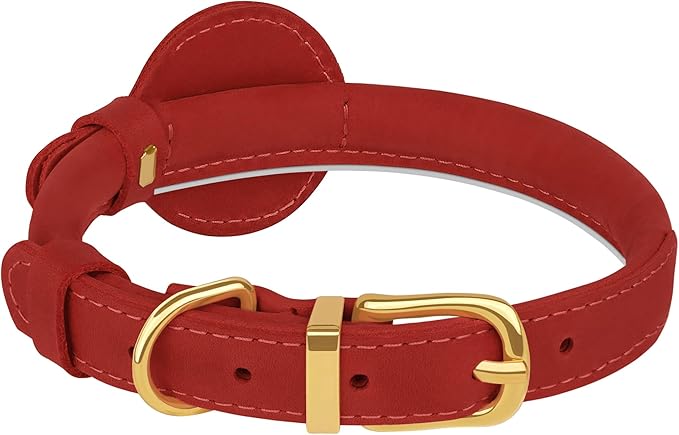OOPSDOGGY Rolled Leather Dog Collar with Airtag Holder - Reflective Round Airtag Dog Collar - Soft Tracking Pet Collar for Small Dogs Puppy Cats Kitten (Red, XXL, 20"-24")