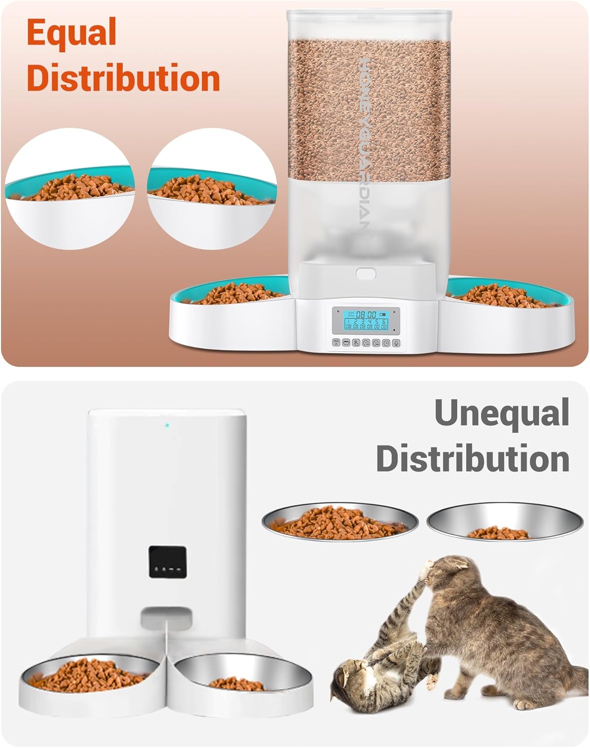 HoneyGuaridan Automatic Cat Feeder for Two Cats,5L Cat Food Dispenser with Slow Feeder Bowl,Timed Cat Feeder Programmable 1-6 Meals Control, Dual Power Supply,Desiccant Bag,10s Meal Call White