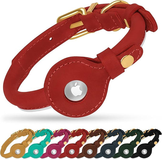OOPSDOGGY Rolled Leather Dog Collar with Airtag Holder - Reflective Round Airtag Dog Collar - Soft Tracking Pet Collar for Small Dogs Puppy Cats Kitten (Red, L, 14"-18")