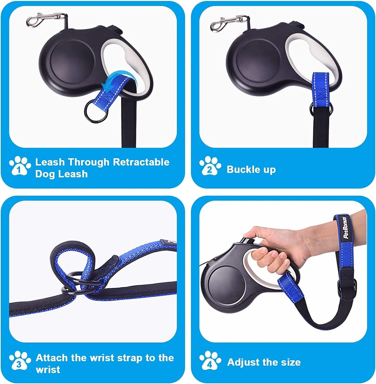 PetBonus 2 Packs Short Dog Leash, Safety Wrist Strap for Retractable Dog Leash, Reflective Design and Adjustable Soft Padded Handle, Extra Layer Security for Pet Stroller (Blue, Blue)
