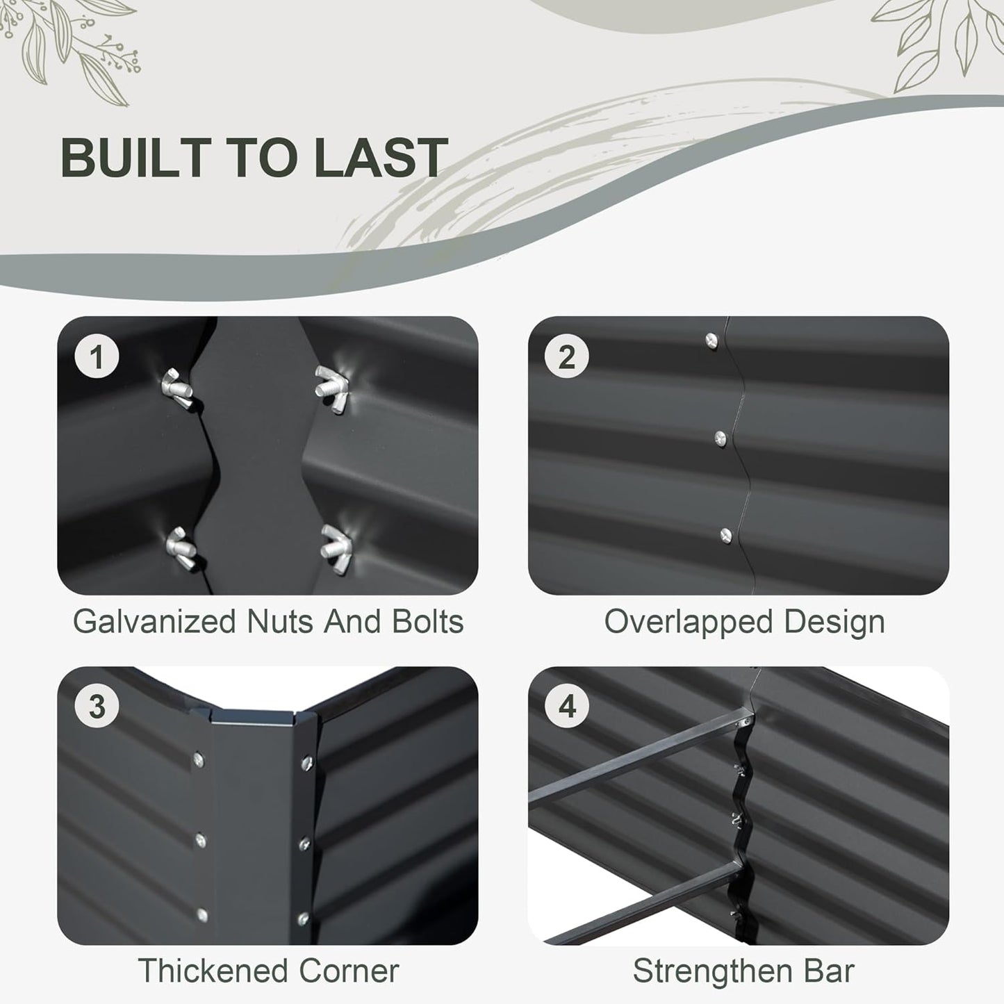 Domi Galvanized Raised Garden Bed, 8x4x1Ft Thickening Metal Planter Box for Vegetables Bottomless for Backyard Outdoor, 1" Deep w/ 228 Gallon Capacity - Dark Gray