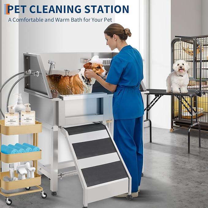 JoyJoy Stainless Steel Dog Washing Station - Dog Bath Tub for Large, Medium, Small Dogs, Pet Grooming Tub with Ramp, Non-Slip Grate, Shower, Soap Box, Faucet, Drain for Home & Outdoor（38"）