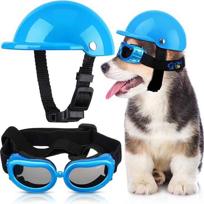Frienda Dog Helmet and Goggles, UV Protection Doggy Sunglasses and 4 Inch Padded Puppy Motorcycle Helmet Adorable Dog Goggles with Adjustable Belt for Small Dogs Puppy Riding(Blue,S)
