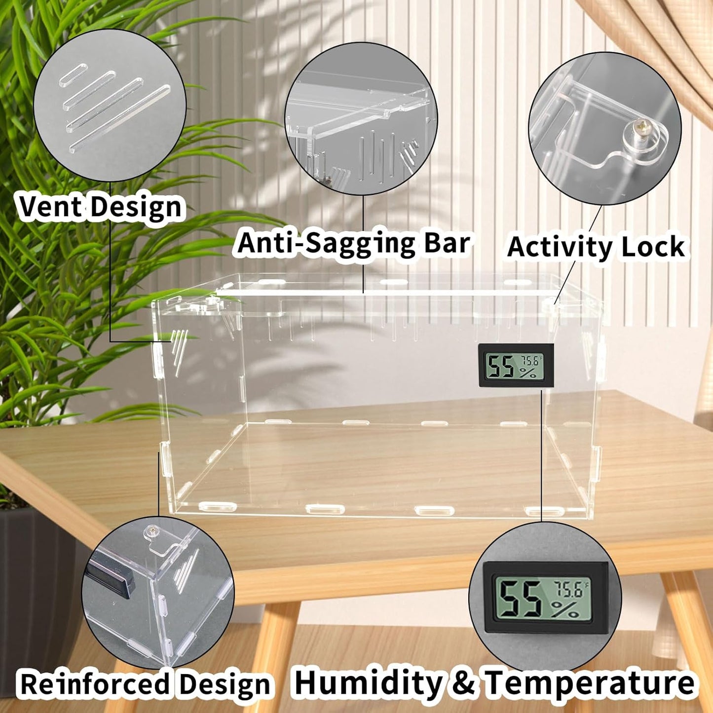 Reptile Terrariums, with Temperature Hygrometer, 11.8"x7.9"x5.9" Acrylic Reptile Breeding Box Terrarium Cage Tank for Small Reptile Insect Home Office