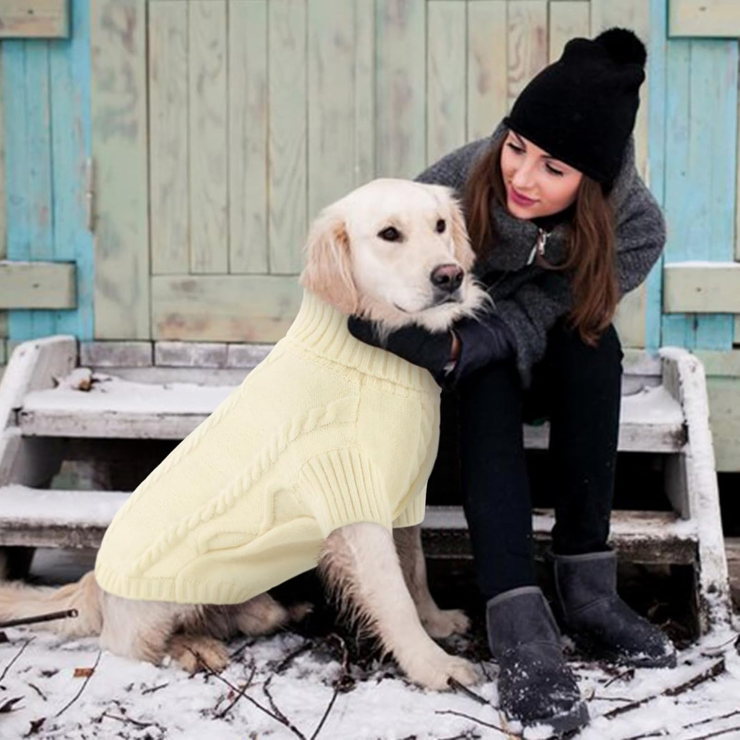 Queenmore Small Dog Pullover Sweater, Cold Weather Cable Knitwear, Classic Turtleneck Thick Warm Clothes for Chihuahua, Bulldog, Dachshund, Pug (White, Small)