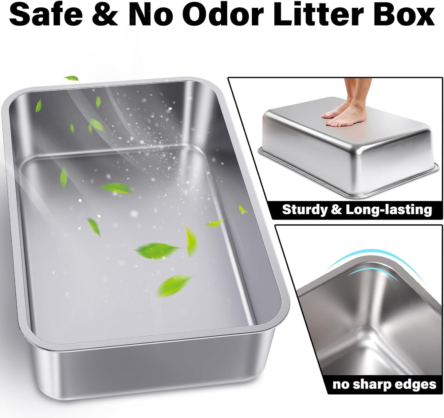 Stainless Steel Litter Box Easy Clean,-Large Metal Litter Box for Cats, High Sided Metal Litters Boxes, No Smell, Non Stick, Odor Proof, Indoor Outdoor