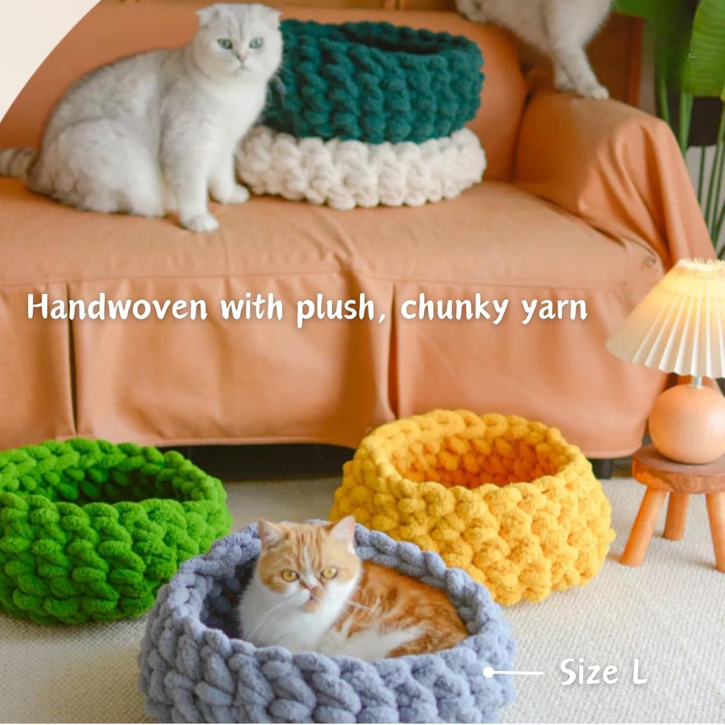 Cat Nest Bed – Premium Handwoven Washable Extra Soft Round Cave House for Indoor Kitten & Kitty, Small & Large (DGreen,Large)