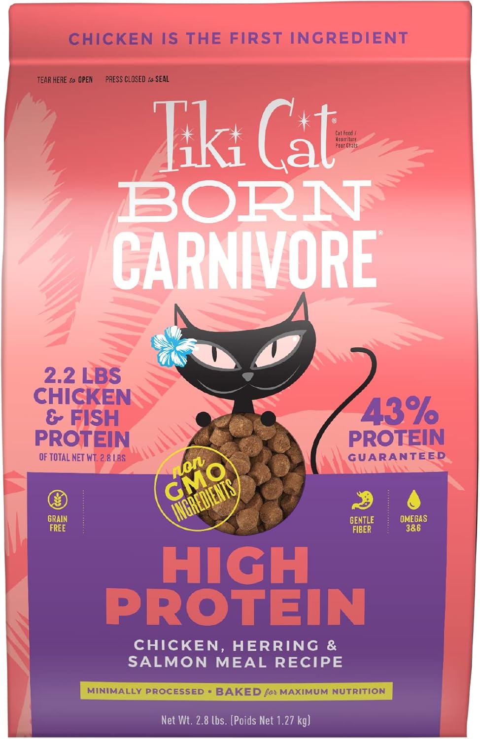 Tiki Cat Born Carnivore High Protein Dry Cat Food, Chicken Herring & Salmon Meal, 2.8 lbs. Bag