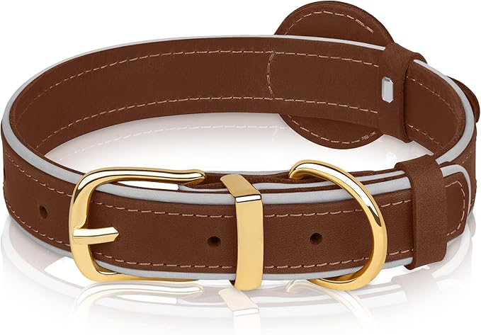 OOPSDOGGY Reflective Geniune Leather Airtag Dog Collar Soft Padded Collars for Small Medium Large Breed Dogs Puppy, 4 Sizes, 7 Colors (Brown, Small, 9"-12")