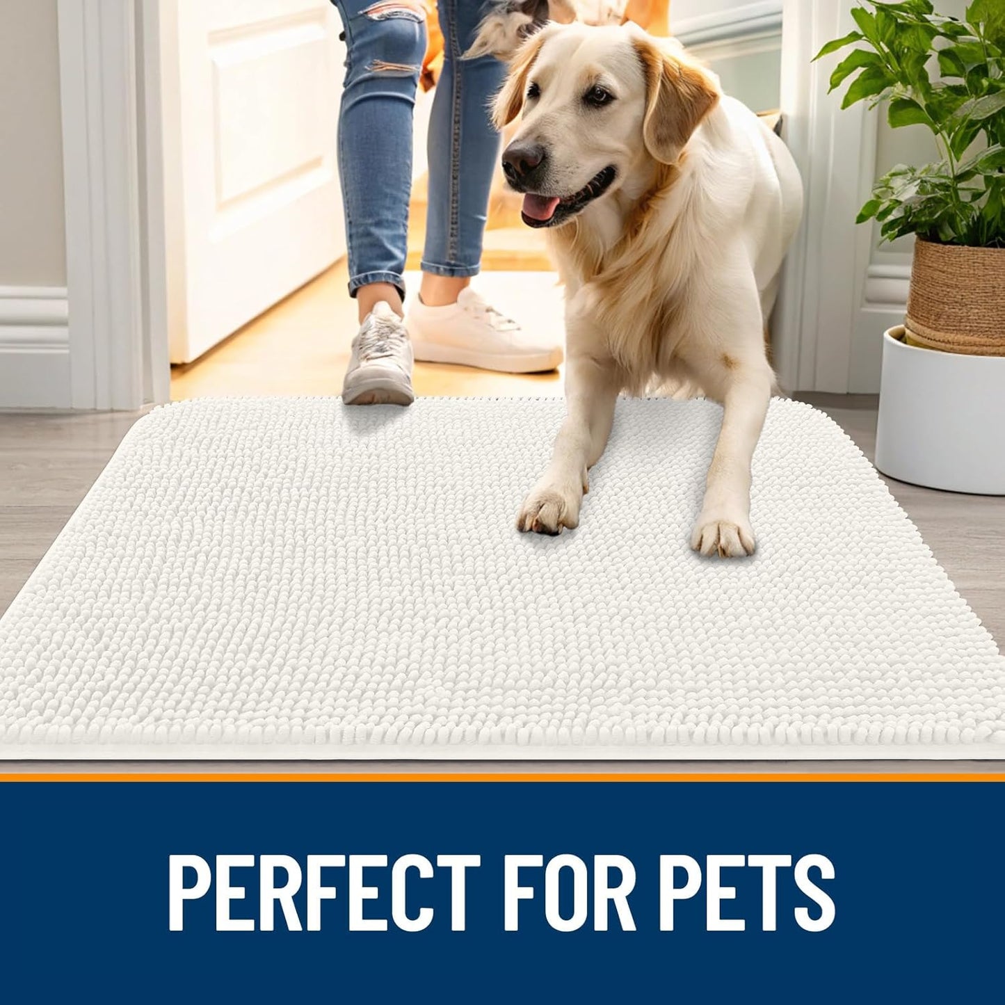 OLANLY Dog Door Mat for Muddy Paws 47x17, Absorbs Moisture and Dirt, Absorbent Non-Slip Washable Doormat, Quick Dry Chenille Mud Mat for Dogs, Entry Indoor Entryway Carpet for Inside Floor, Ivory