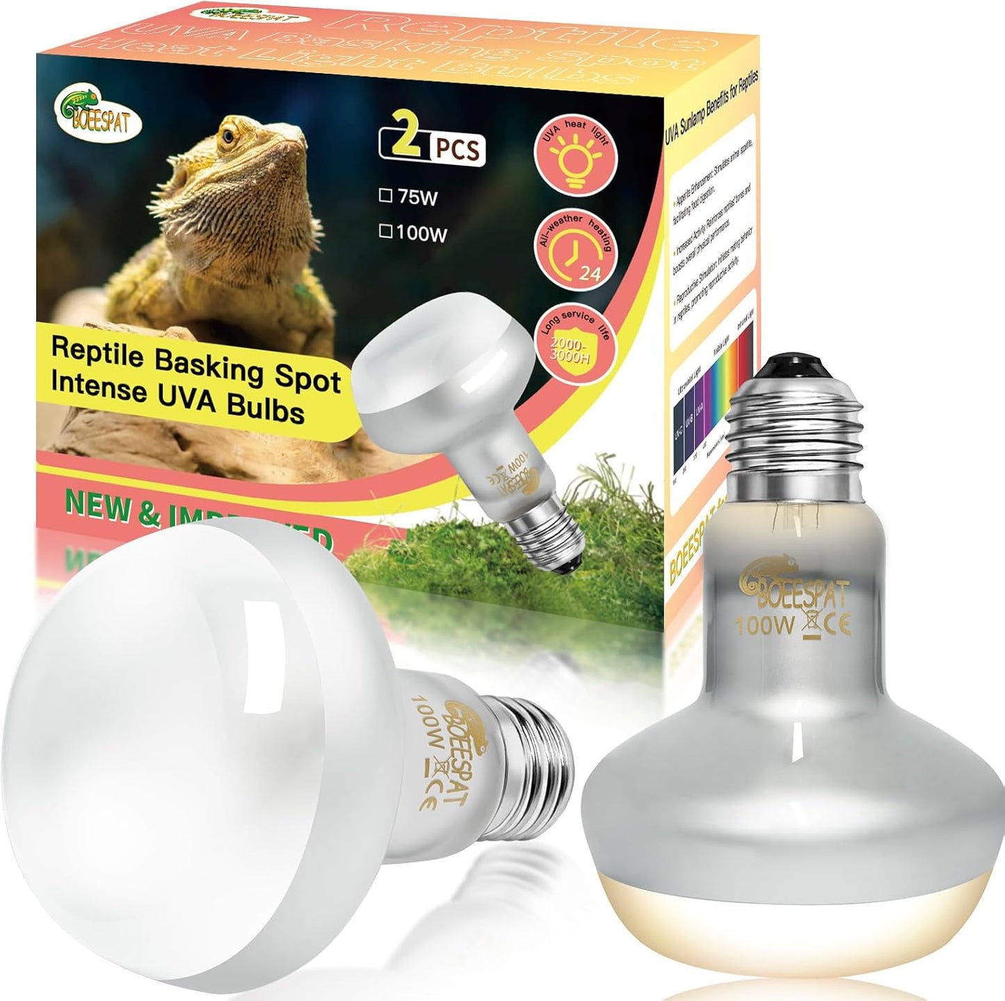 Intense 100W UVA Spotlight Heat Lamp Bulbs for Reptile Basking and Terrariums - Ideal for Desert-Dwelling Reptiles Like Bearded Dragons, Geckos, Iguanas, Lizards, Amphibians (Pack of 2)