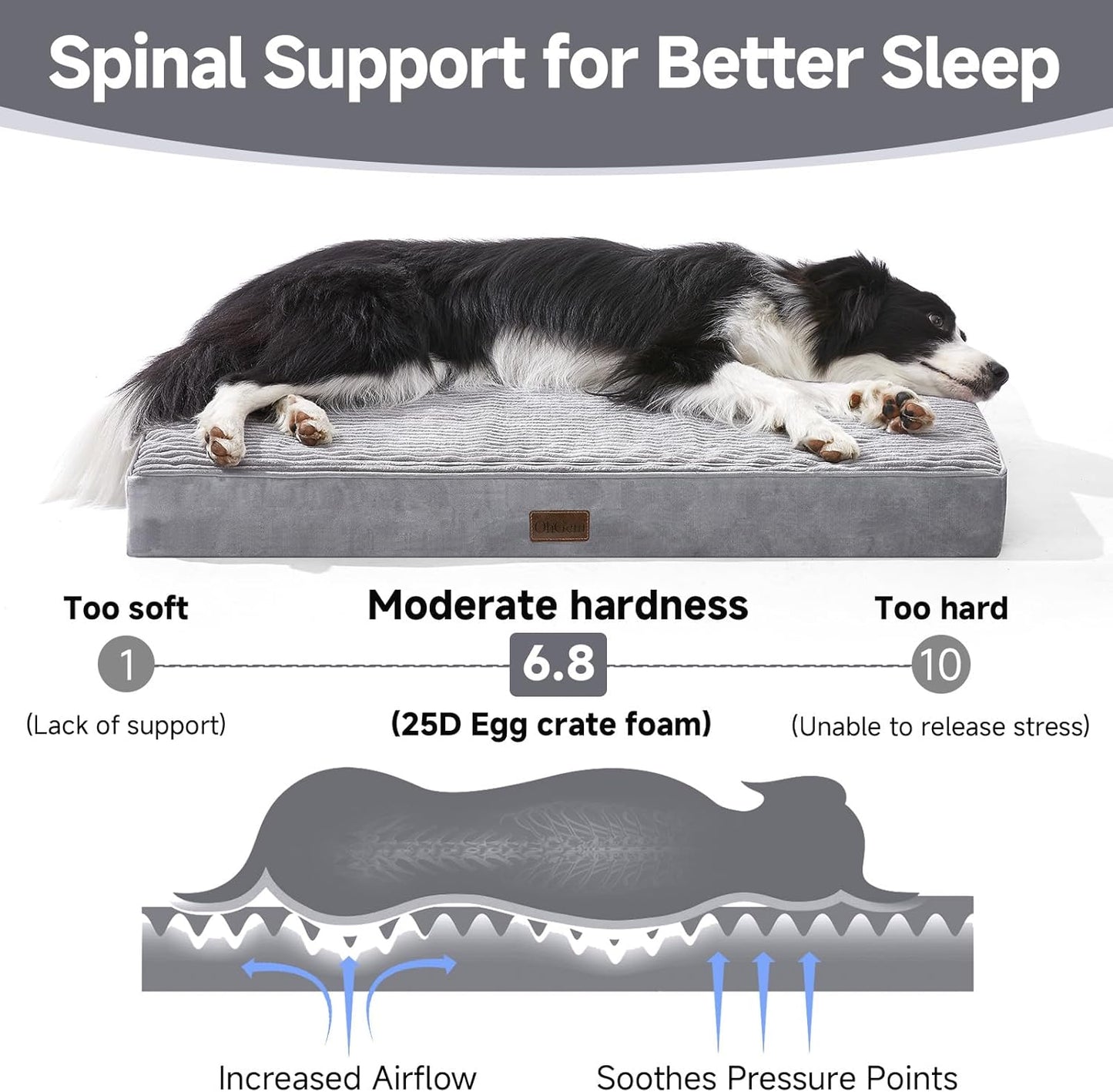 OhGeni Orthopedic Waterproof & Machine Washable Dog Bed for Medium Large Pets, Cat Mat with 25D Egg Crate Foam, Non-Slip Bottom & Removable Cover, Invisible Zipper, 36 Inches(Gray)