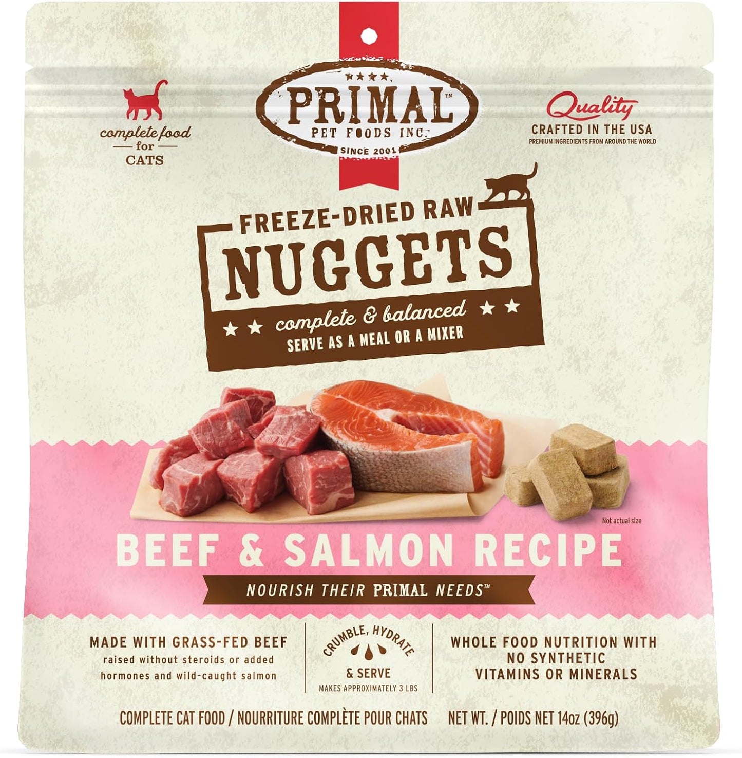 Primal Freeze Dried Raw Cat Food Nuggets Beef & Salmon, Complete & Balanced Meal or Topper, Premium, Healthy, Grain Free, High Protein Raw Cat Food with Probiotics (14 oz)