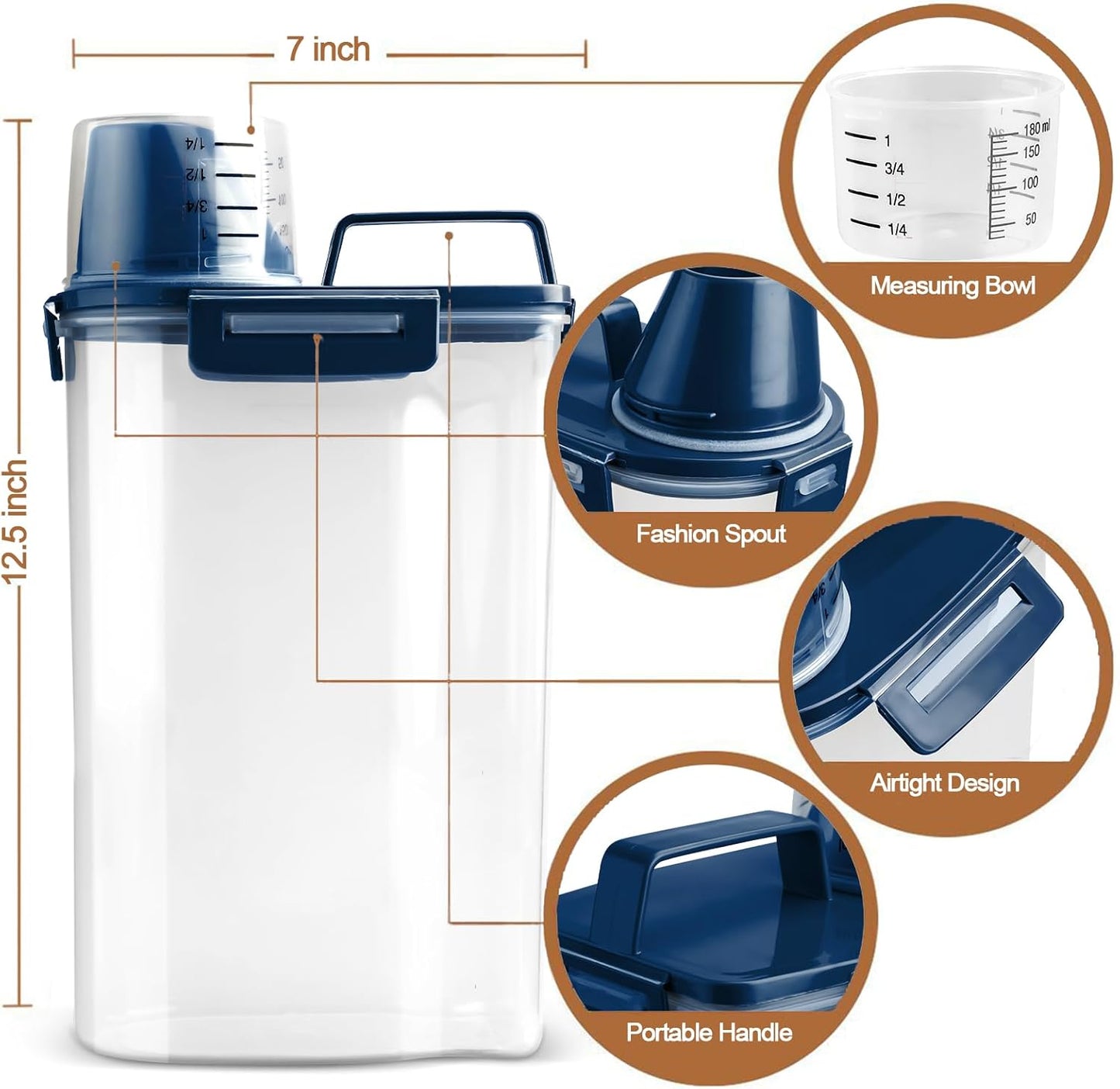 Upgraded Dog Food Storage Container Small, Cat Food Container Airtight, Pet Food Container Dispenser with Pour Spout, Measuring Cup and 4 Seal Buckles for Dogs, Cats, Birds (Blue)