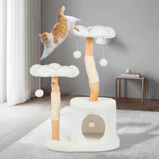 Cute Cat Tree Tower for Indoor Cats Adult, Wood Flower Cat Trees with 6 Pompoms, Modern Cat Tree Tower with Scratching Post, Aesthetic Luxury Cat Condo for Cats Kitten, Alpine White