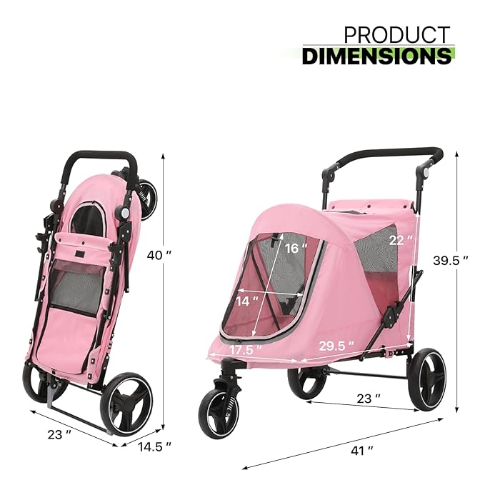 Magshion Pet Stroller for Medium Dogs w/Adjustable Handle, 3-Wheel Dog Cat Wagon w/Dual Entry, Rear Storage, Breathable Mesh, One-Foot Brake, Ideal for Large Pets up to 55 lbs, Pink