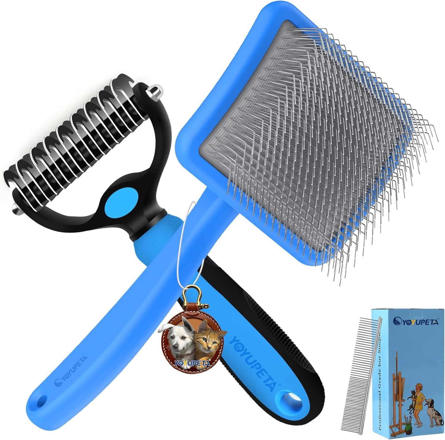 Large Slicker Brush for Dogs - 3PC Pet Grooming Kit - Undercoat Rake & Stainless Comb | Long Pins Remove Mats on Poodles, Golden, Labradoodles | Thick Coat Deshedder for Dogs, Cats, Blue