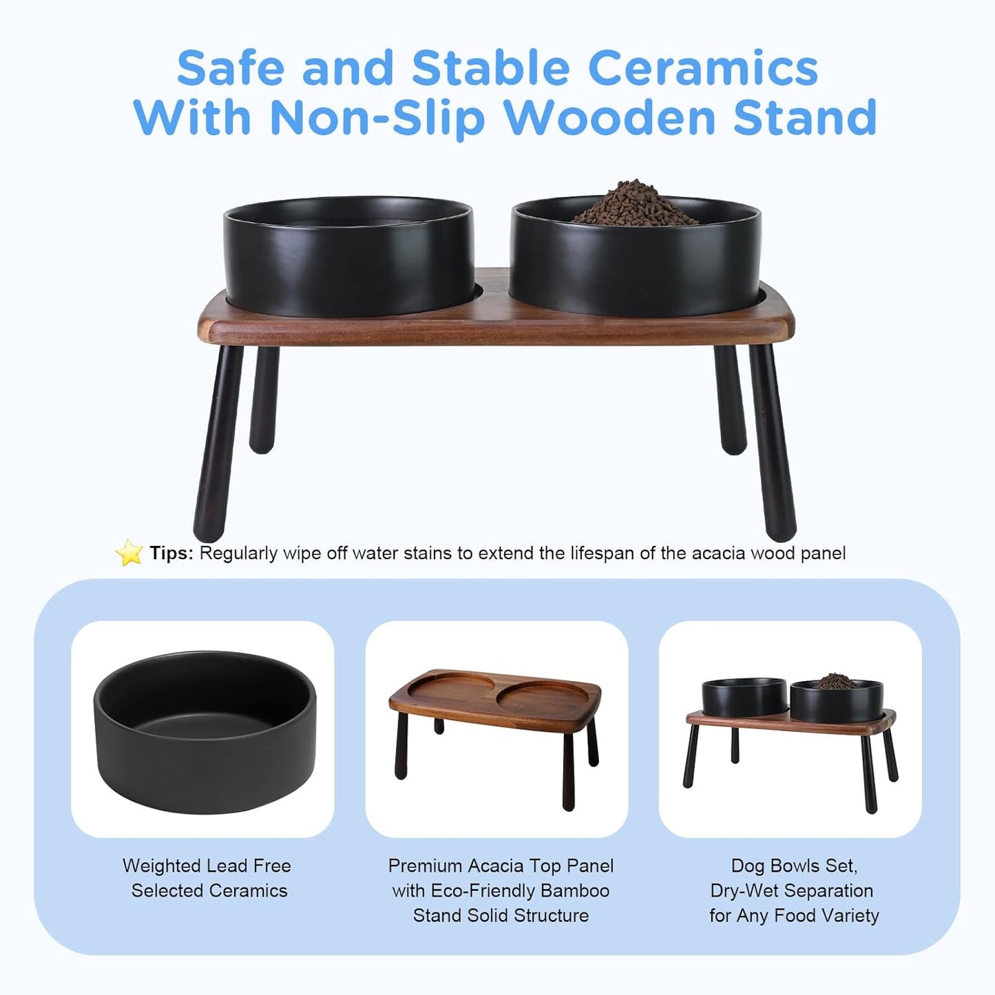 SPUNKYJUNKY Ceramic Elevated Dog Bowls Raised with Acacia Bamboo Wooden Stand, 8.3'' Dog Food Water Bowls Set Non-Slip for Medium Large Sized Breed Microwave Dishwasher Safe - 60 OZ,Black