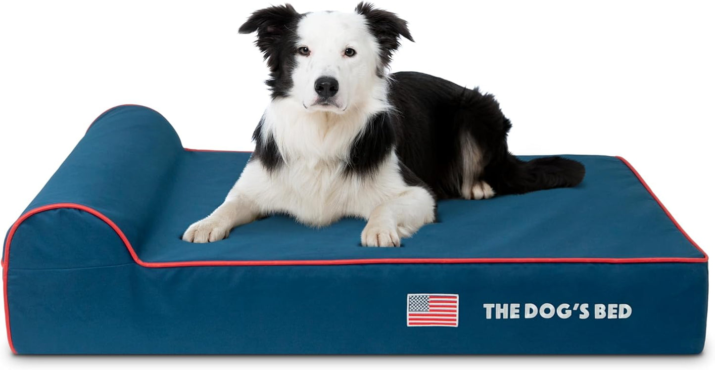 The Dog’s Bed Orthopedic Headrest Dog Bed Large Blue Oxford with Red Trim US Flag Dog Bed 40x25, Memory Foam, Hip & Elbow Dysplasia, Lameness, Veterinary Approved, Waterproof Washable Cover