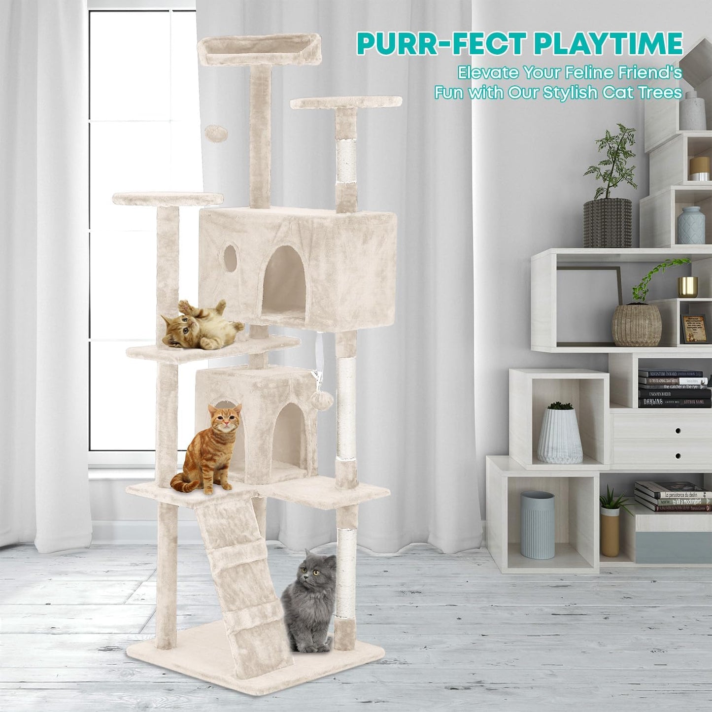 FDW Cat Tree 70in Cat Tower Multi-Level Durable Cat Scratching Post & Cozy Fun Cat Jumping Platform Space Saving Cat Condo Pet Play House for Indoor Cats,Beige