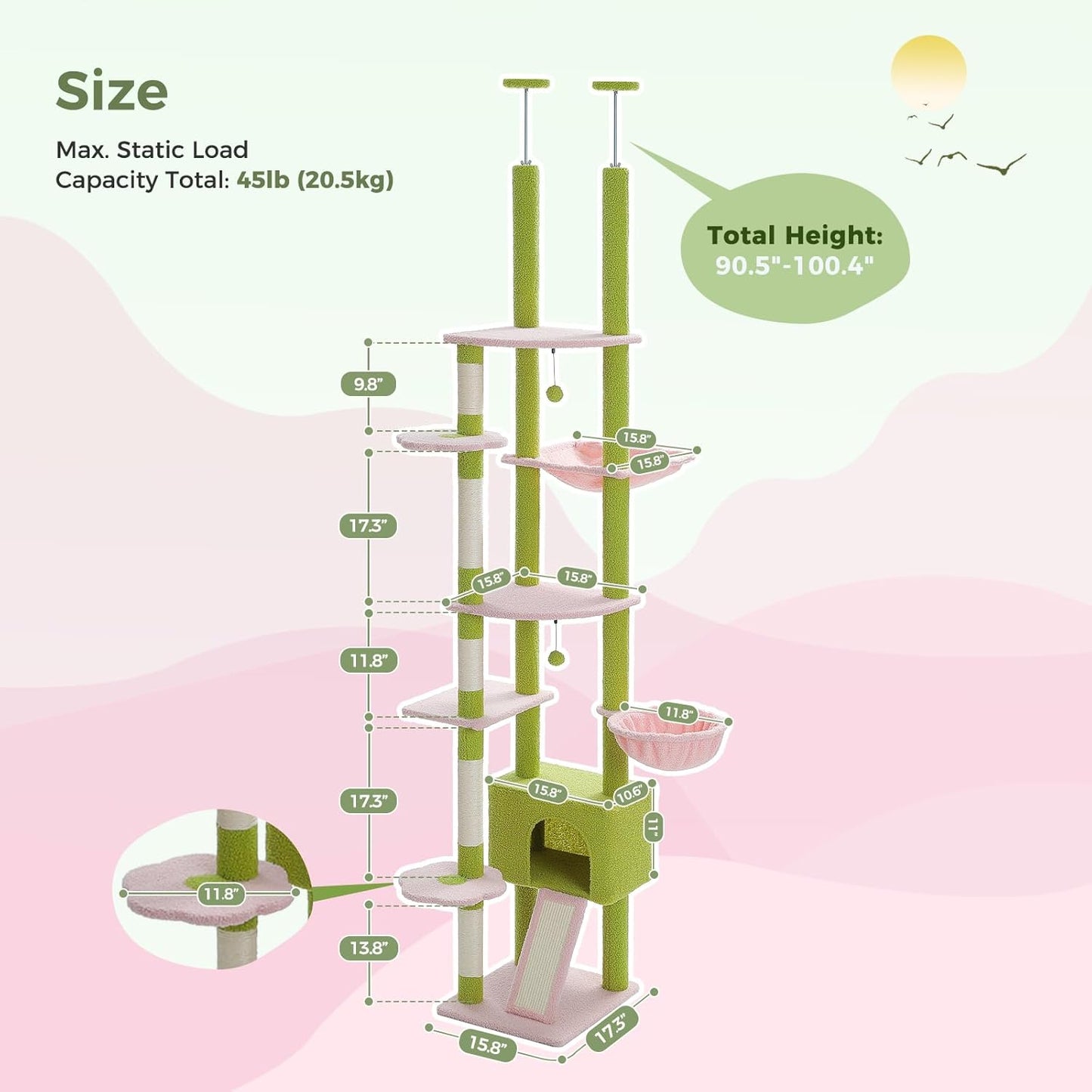 PEQULTI Tall Cat Tree Floor to Ceiling Cat Tower Adjustable Height (90.5''-100.4'' = 230cm-252cm) with Cat Condo, Cozy Hammock and Scratching Post, Pink Flower Climbing Tree for Indoor Cats, Pink