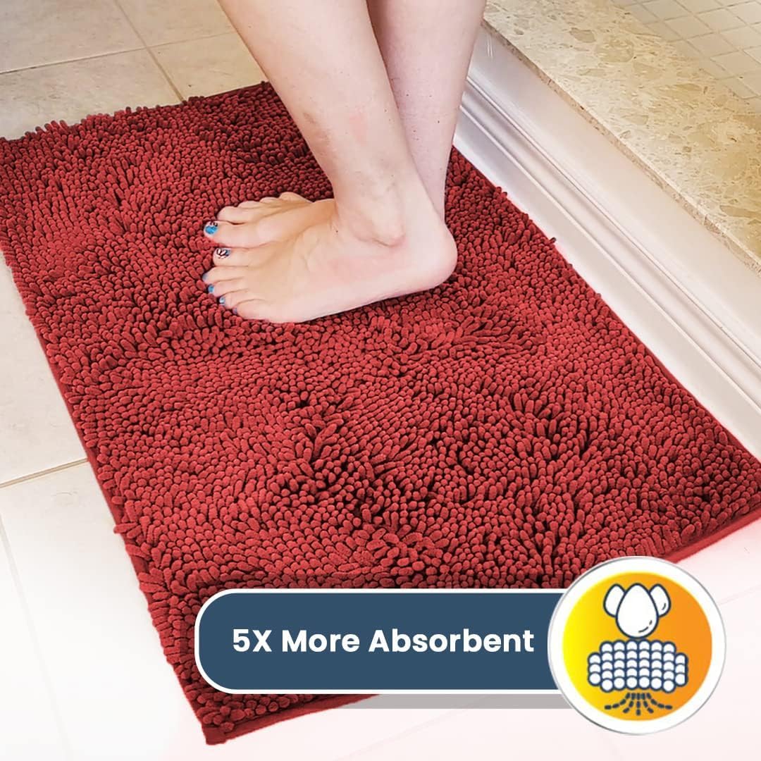 Muddy Mat® AS-SEEN-ON-TV Highly Absorbent Microfiber Door Mat and Pet Rug, Non Slip Thick Washable Area and Bath Mat Soft Chenille for Kitchen Bathroom Bedroom Indoor and Outdoor - Red 24" x 72"