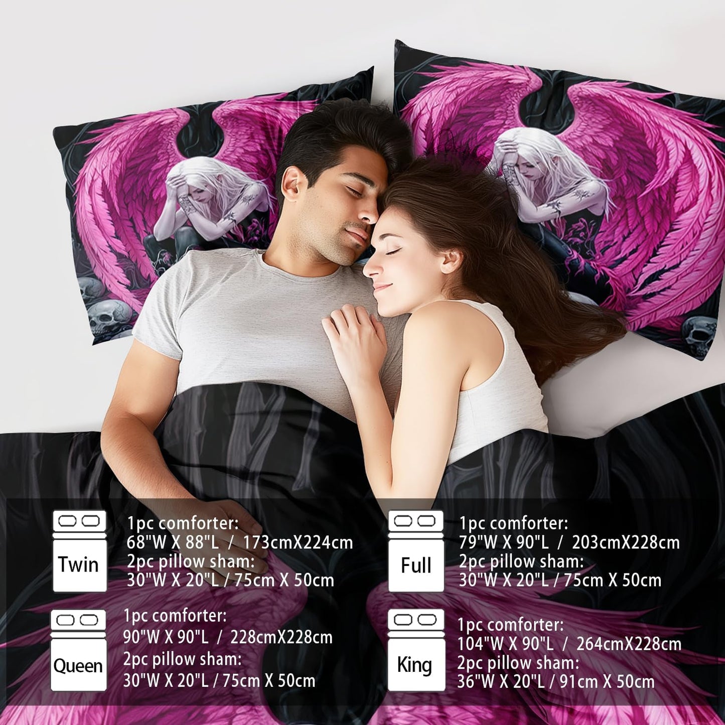 Gothic Skull Comforter Set Twin for Adults,Angel Wings Bedding Set Pink for Girls,Sexy Angel Comforter Bedroom Decor Teen,Gothic Skull Bedding Decor Pink Wings Quilt