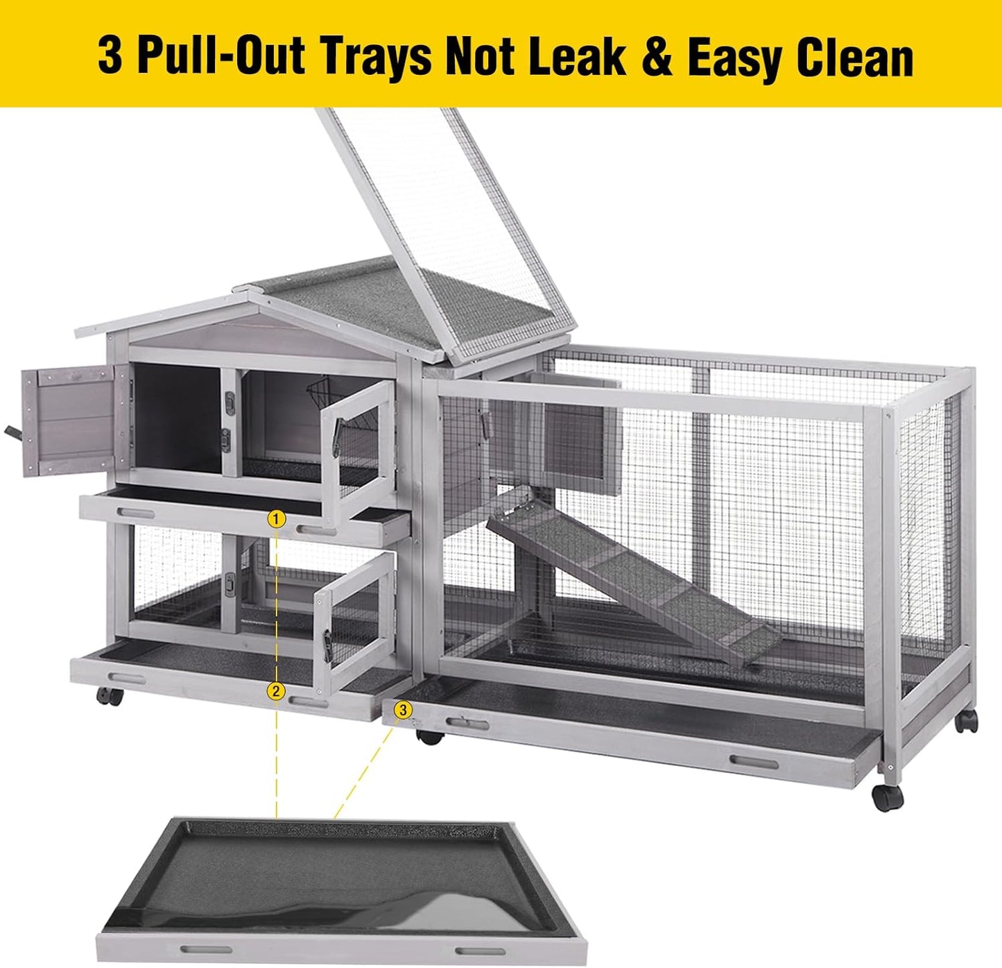 Aivituvin Rabbit Hutch Outdoor Rabbit Cage Indoor with Casters Bunny Cage Chikcen Coop for Small Animals with Pull-Out Tray(Grey)