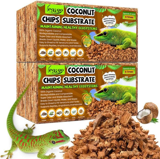 Legigo 4 Pack Coconut Chip Substrate for Reptiles, Natural Coco Husk Chip Reptiles Bedding, Compressed Coconut Chip Substrate for Snake, Tortoise, Ball Python, Gecko, Lizard Terrarium Tanks