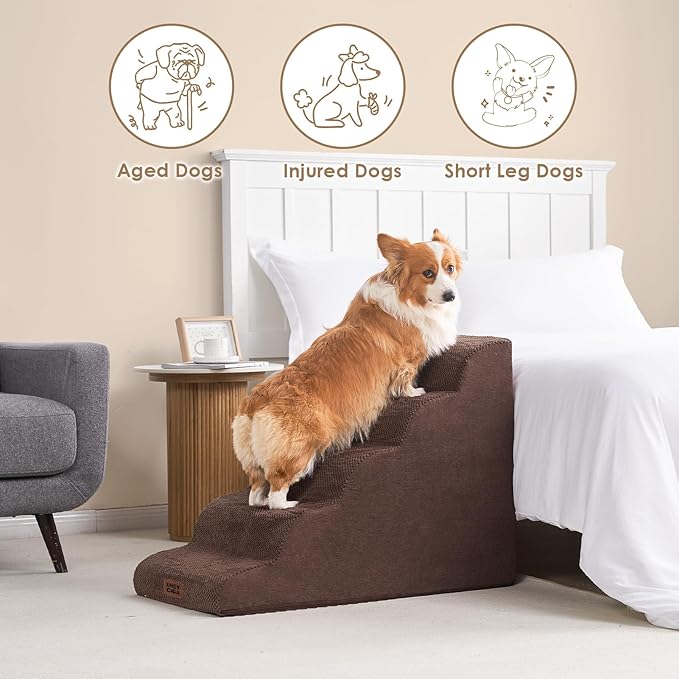 EHEYCIGA Curved Dog Stairs Ramp for High Beds, 5-Step Extra Wide Dog Steps for Small Dogs and Cats, Pet Stairs for High Bed Climbing, Non-Slip Balanced Pet Step Indoor, Brown