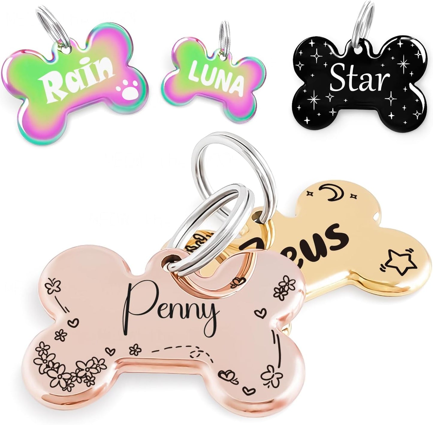 Name Pattern Art Design - Dog Tags Personalized for Pets - Custom Cats Dogs ID Tag - Stainless Steel Deep Engraving (Bone)