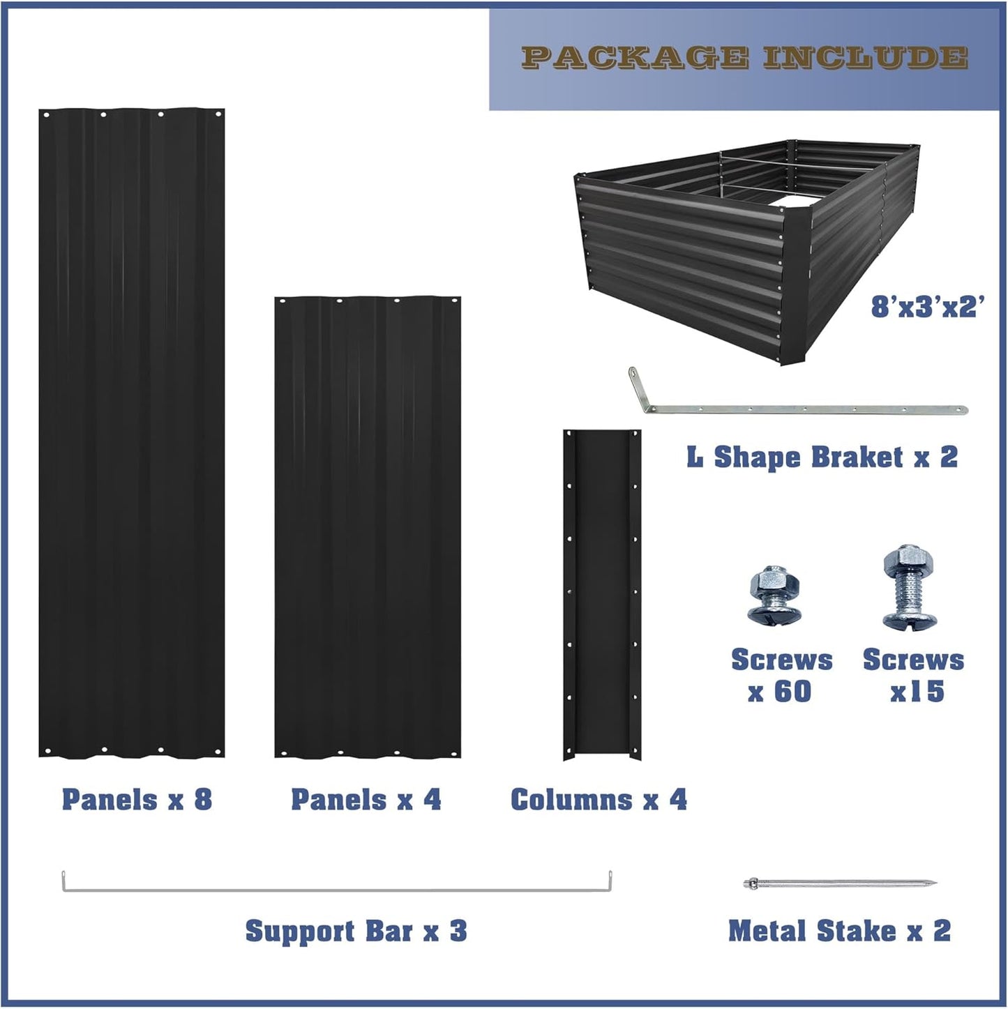 8x3x2FT Metal Raised Garden Bed Kit, Galvanized Outdoor Garden Bed Planter Box for Vegetables, Flowers, Herbs, Succulents and More, Black