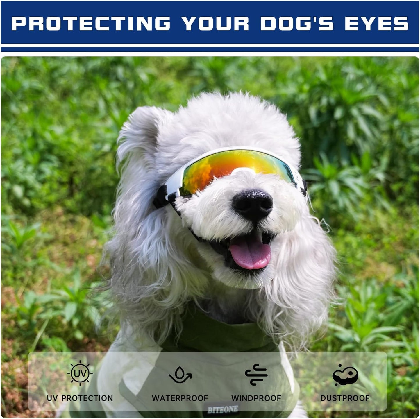 Dog Goggles for Small to Medium Breed, Dog Sunglasses UV Protection, Windproof & Anti-Fog, Puppy Sunglasses with Padded Frame and Adjustable Straps for Outdoor Riding, Driving（White）