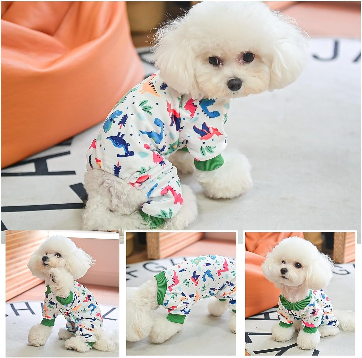 BEAUTYZOO Dog Pajamas Small Sized Dog, Summer Doggie Pajamas for Boy Girl, Soft Strechy Cotton Puppy Pjs Jammies Onesies for Men Women, Pet Jumpsuit Body Suit Cat Apparel Clothes, Green Dinosaur XS