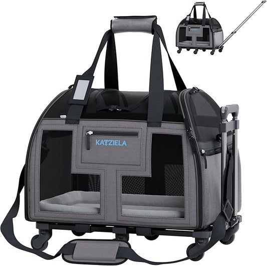 Katziela Airline Approved Pet Carrier - Rolling Portable Travel Carry Crate for Small Dog, Puppy or Cat - Soft Removable Wheeled Design with Mesh Window Sides - Airplane and TSA Compliant (Dark Grey)