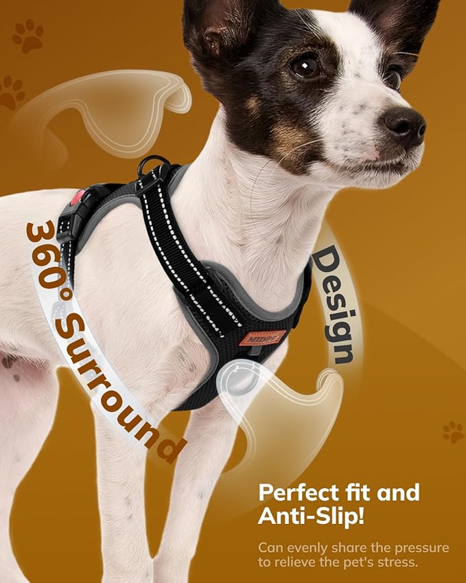 MIDOG No-Pull Dog Harness | Adjustable & Reflective Pet Harness Leash Set for Small Medium Large Dogs Walking, Training| No Choke, Front Clip, Soft Padded Vest with Easy Control Handle - Black, S