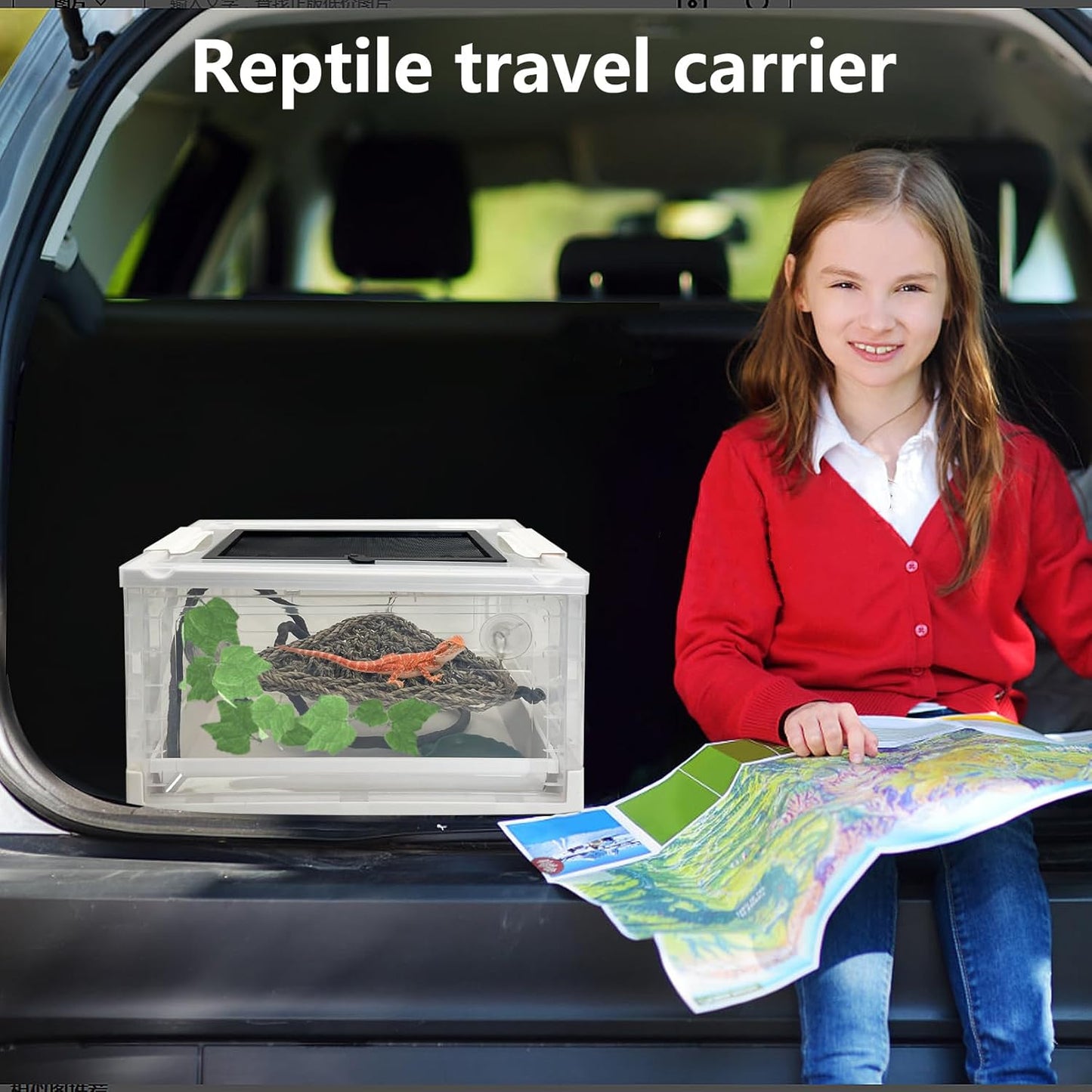 Hamiledyi Collapsible Gecko Tank Starter Kits, Reptile Travel Carrier 15.6" x 11.6" x 9.4" Small Portable Habitat Cages for Leopard Gecko, Bearded Dragon, Snake, Tortoise（White）