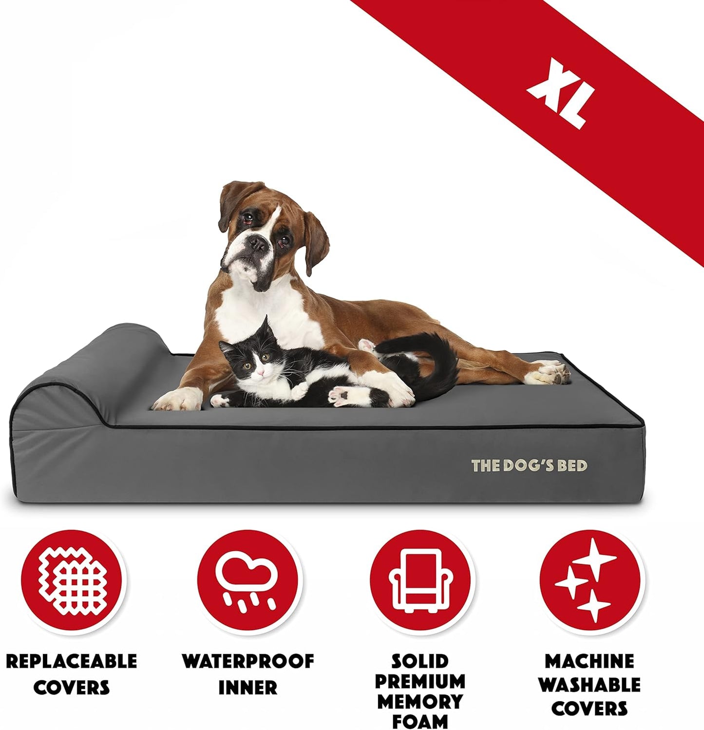 The Dog’s Bed Orthopedic Headrest Dog Bed XL Grey/Black 46x28, Memory Foam, Pain Relief for Arthritis, Hip & Elbow Dysplasia, Post Surgery, Lameness, Veterinary Approved, Waterproof Washable Cover