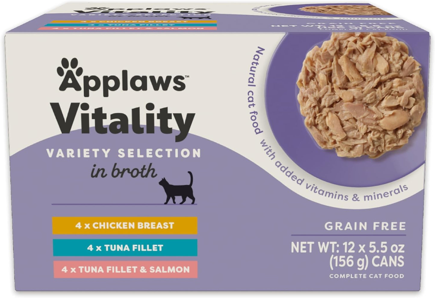 Applaws Vitality Wet Cat Food in Broth, Natural Canned Cat Food, Wet Food for Cats with Added Vitamins and Minerals, Grain Free, Carrageenan Free, Variety Selection in Broth (12 Count, 5.5 oz Cans)