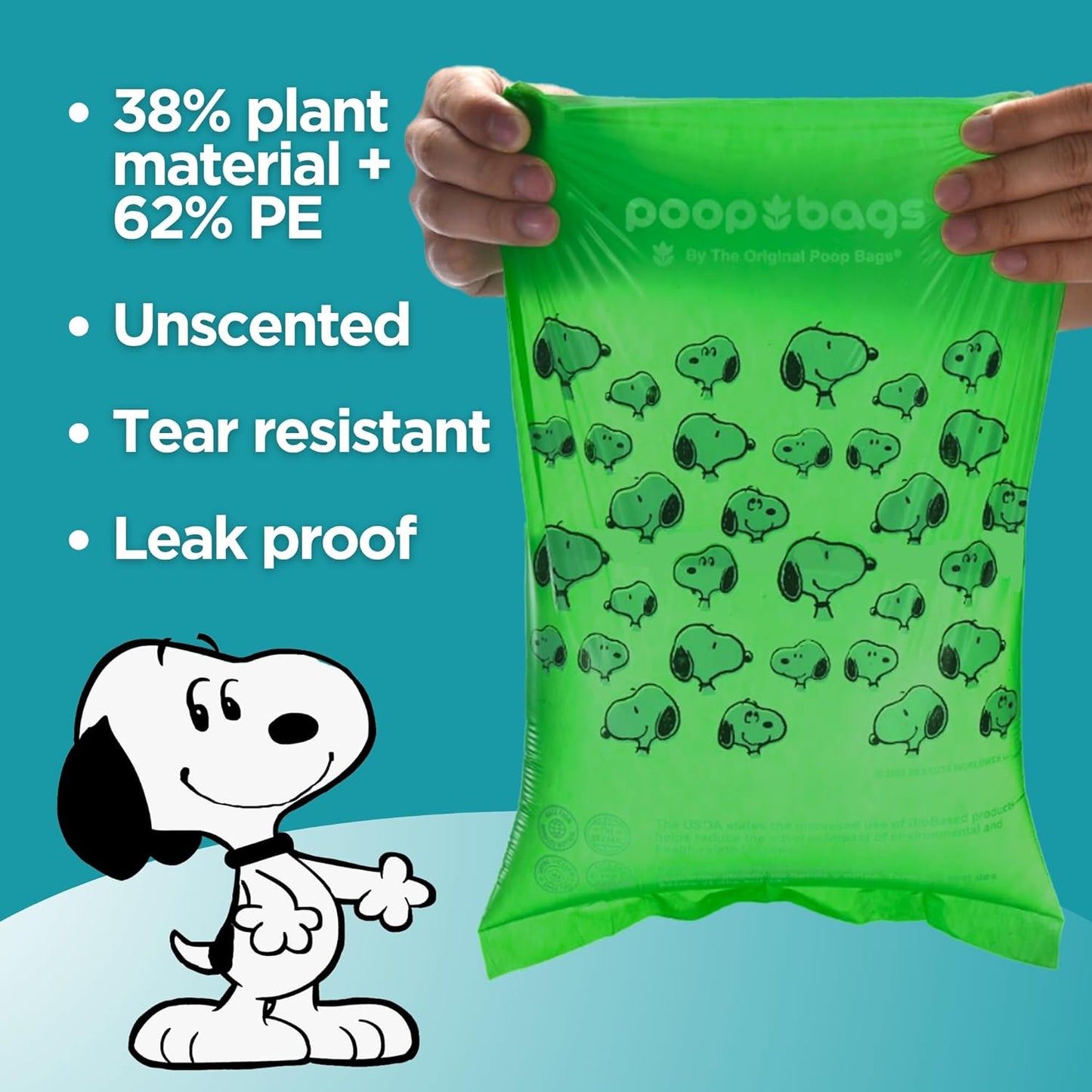 The Original Poop Bags® 38% USDA Biobased Pet Waste Bags, Peanuts Design, Leak-Resistant & Durable, Black/Green, 360 Count