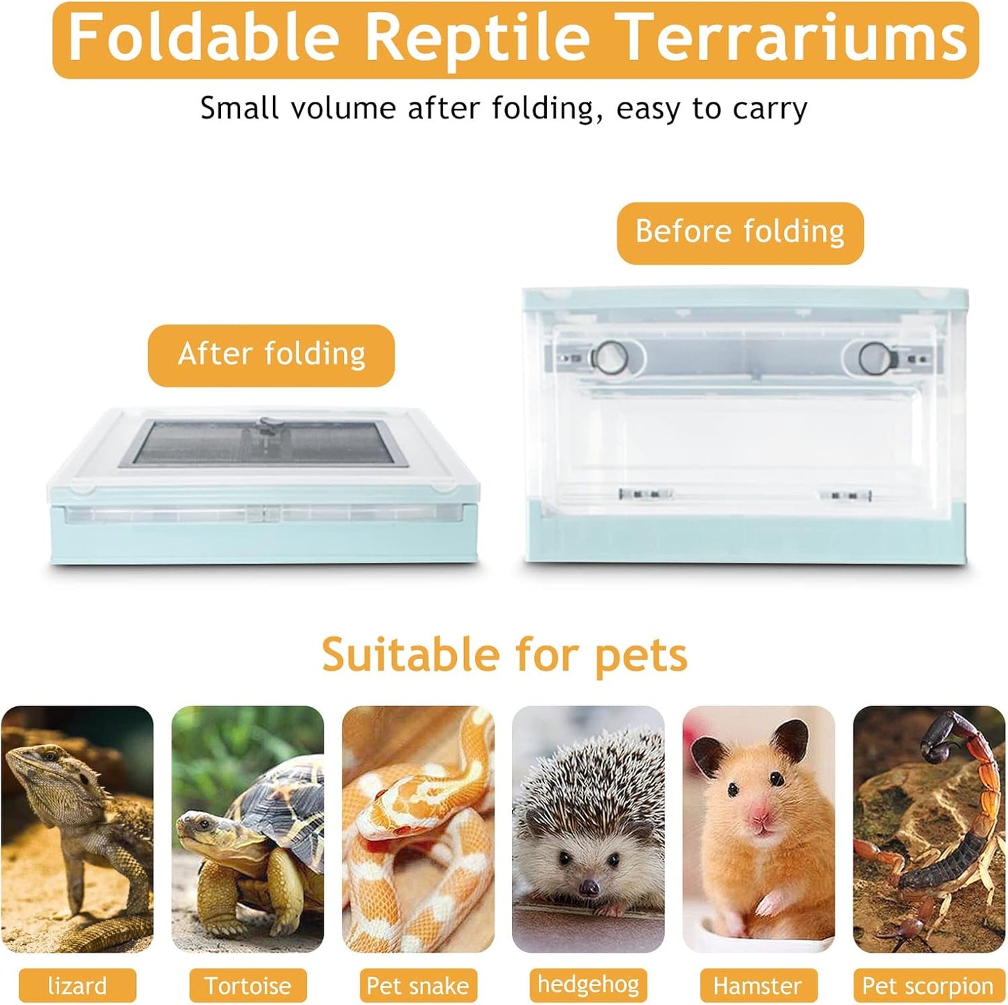Travel Portable Foldable Terrarium Kits for Reptiles -Heat-Resistant Material, Easy to Move with Wheels, Includes Plant, Feeding Bowl, and Carpet for Snakes, Lizards, Tortoises, and Leopard
