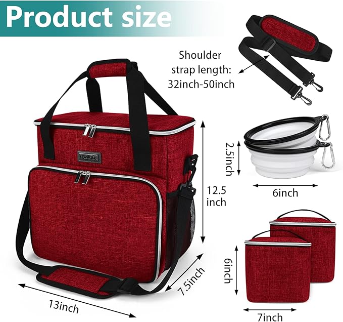 BAGLHER Dog Travel Bag, Pet Travel Bag (ALL Pet Travel Supplies), With 2 Pet Food Containers and 2 Collapsible Silicone Bowls; Essential Kits for Pet Travel Red
