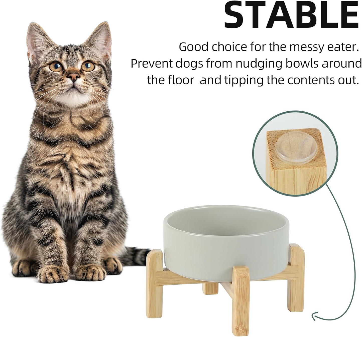 Ceramic Raised Dog and Cat Bowl Set, 2 Heights Elevated Stand, Food and Water Bowl for Small Breed Dogs, Cats, Kitty, Weighted Dog Dishes, Pet Bowls(5.1'',13.5oz, Grey)