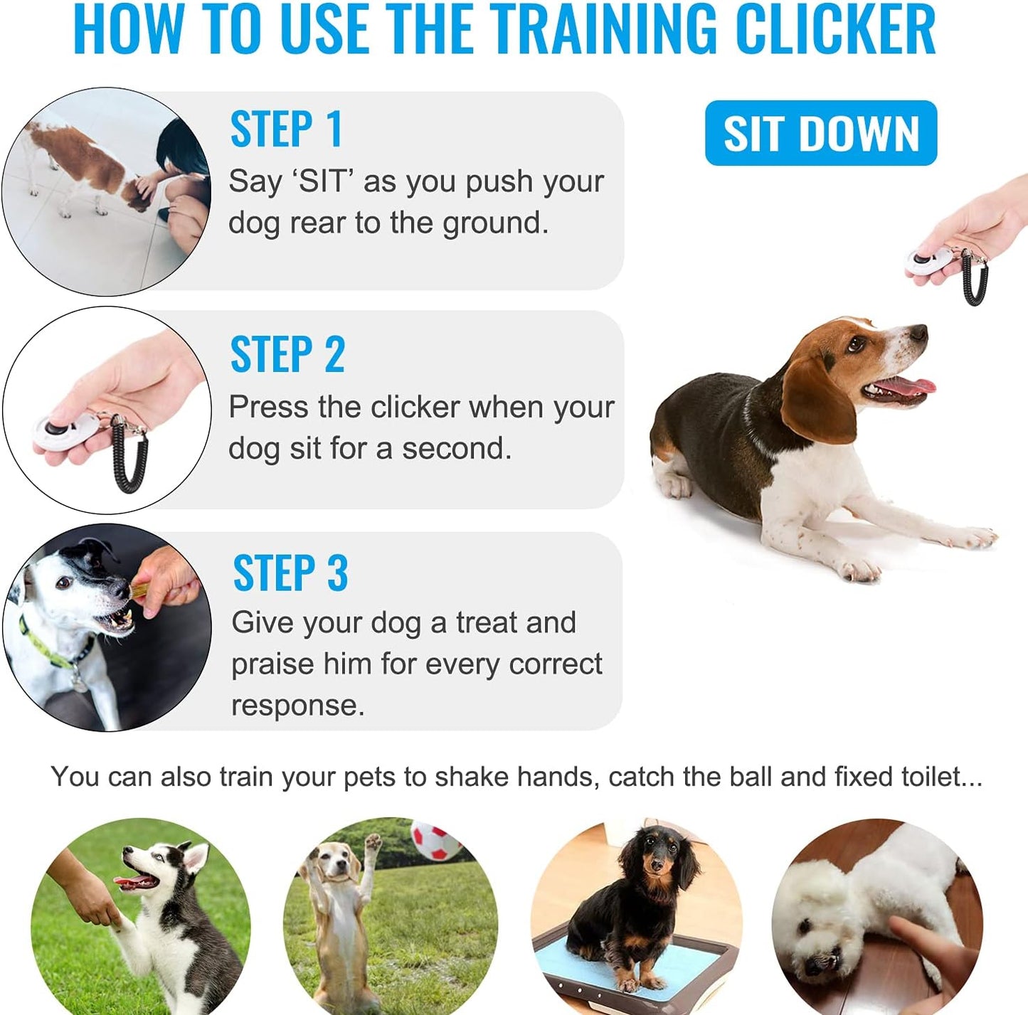 Dog Clicker for Training, 2 Pack Dog Training Clicker, Clicker Dog Training with Wrist Strap, Pet Training Clicker, Perfect for Dog Cat Puppies Behavioral Training (Blue and White)