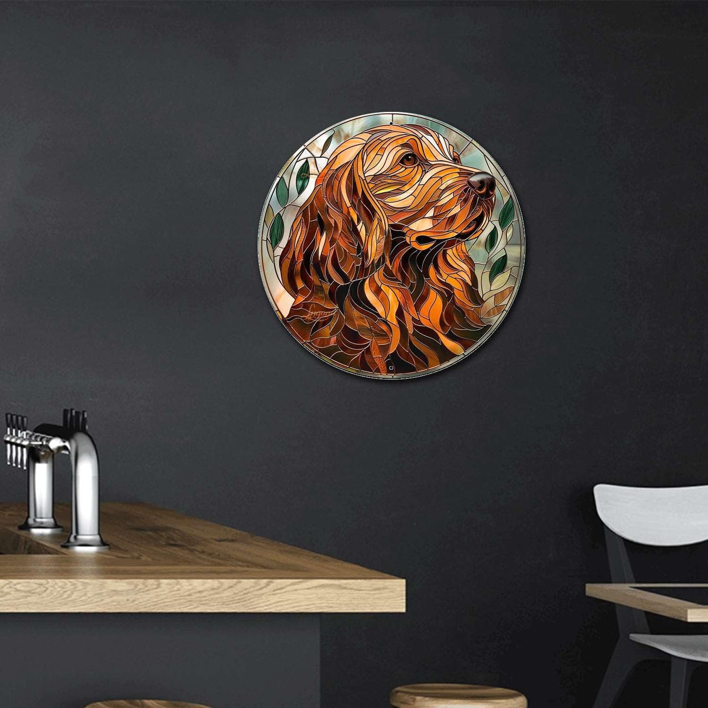 Lygond Metal Sign Tin Sign Circular Stained Glass Dog Funny Gardening Gift for Patio 12×12 Inches