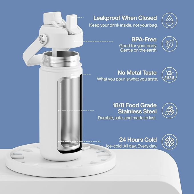 Insulated Water Bottle with Straw Stainless Steel Water Bottle, Leak-Proof, BPA-Free, Double Wall Vacuum Keeps Cold for 24 Hours for Sports, Travel, School (18 oz, Polar White)