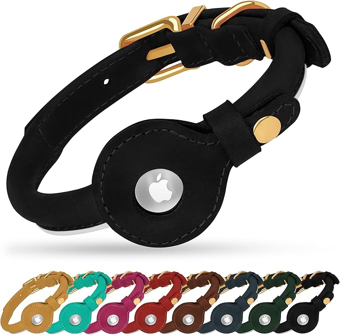 OOPSDOGGY Rolled Leather Dog Collar with Airtag Holder (Black, XS, 8"-11")