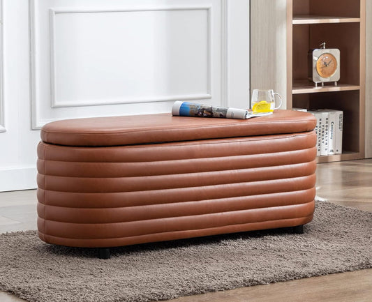 Kmax Storage Bench PU Leather Entryway Bench Upholstered Ottoman Bench for Bedroom Living Room Hallway, Brown